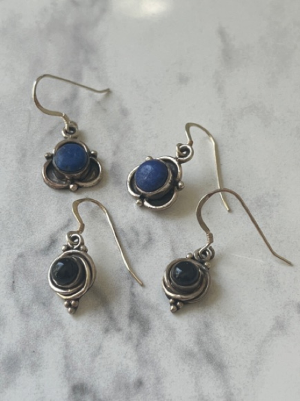 Sterling Silver Blue Lapiz Lazuli and Onyx Stone Drop Earrings set